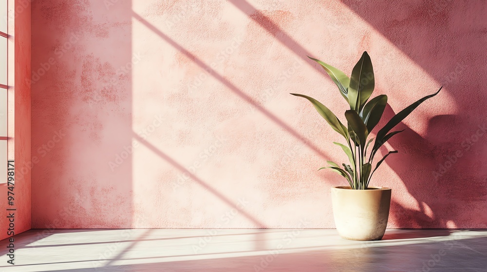 A modern indoor space featuring a vibrant plant in a light-colored pot against a pink wall, illuminated by soft natural light. A modern indoor space featuring a vibrant plant in a light-colored pot against a pink wall, illuminated by soft natural light.