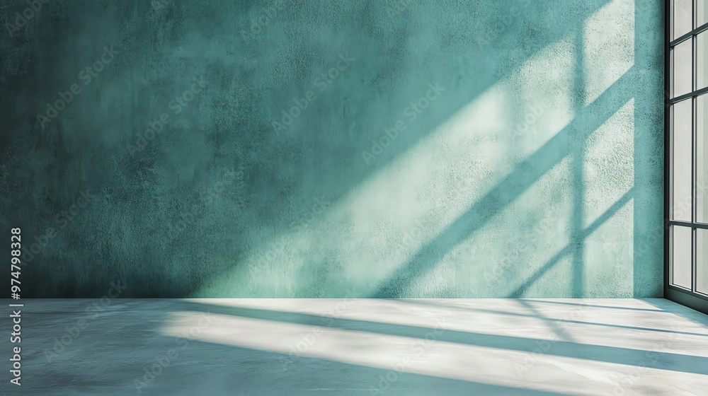 A serene interior space featuring a textured green wall, soft light streaming through a large window, creating beautiful shadows. A serene interior space featuring a textured green wall, soft light streaming through a large window, creating beautiful shadows.