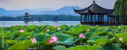 The serene beauty of west lake in hangzhou, with lotus flowers and traditional pagodas photo