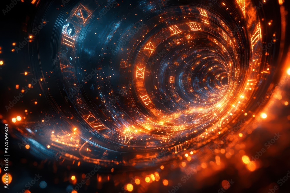 surreal depiction of time loop concept spiraling clock faces merging with flowing ribbons of light creating an abstract vortex in a dreamlike cosmic setting surreal depiction of time loop concept spiraling clock faces merging with flowing ribbons of light creating an abstract vortex in a dreamlike cosmic setting