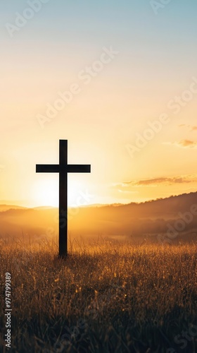 Cross of Christ bathed in golden sunset light, symbolizing salvation, hope, and eternal peace