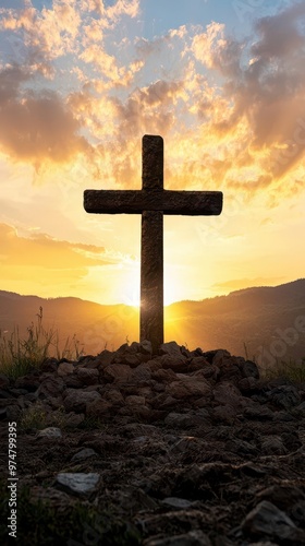 Cross of Christ bathed in golden sunset light, symbolizing salvation, hope, and eternal peace