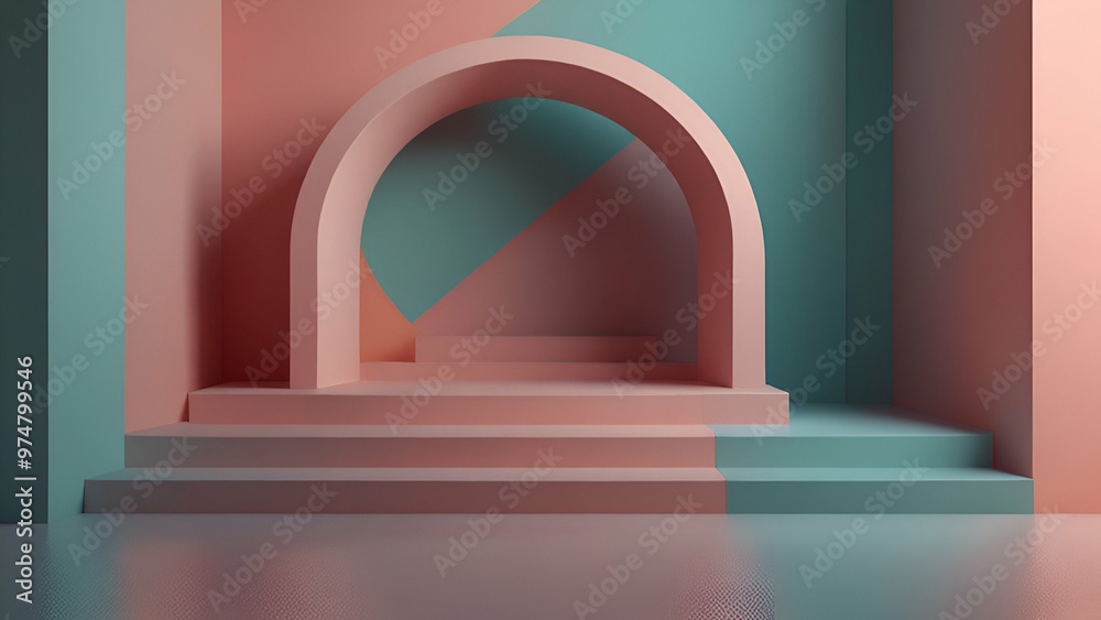 3D render of modern geometric arch and stairs with pastel gradient background. 3D render of modern geometric arch and stairs with pastel gradient background.