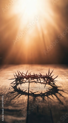 Crown of thorns on a wooden table, light shining through a nearby window, casting symbolic shadows