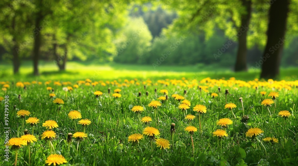 Scenic meadow with lush green grass and vibrant yellow dandelion flowers in a natural setting Scenic meadow with lush green grass and vibrant yellow dandelion flowers in a natural setting