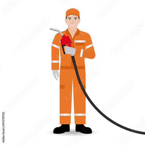 Worker in Uniform Refuel or Fill up Fuel to Car at Gas Station. Vector Illustration. 