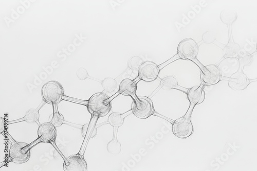 Pencil sketch of endorphin molecules, delicately illustrating the molecular structure in a soft and detailed hand-drawn style, emphasizing the bonds and intricate formations of neurotransmitters photo