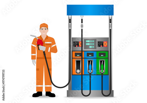 Worker in Uniform Refuel or Fill up Fuel to Car at Gas Station. Vector Illustration. 