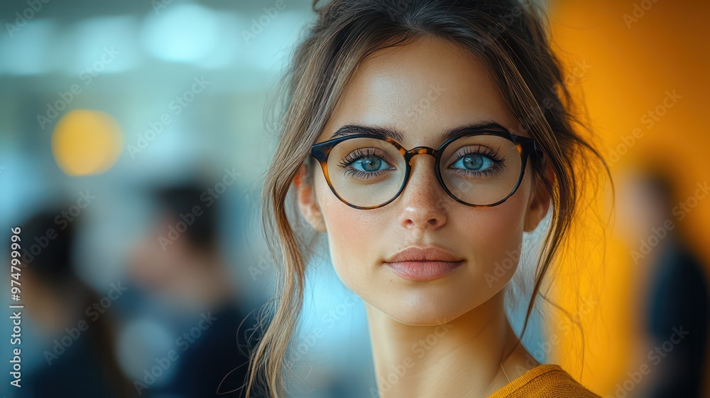 A businesswoman in glasses standing in the forefront, managing office processes while her team works in the background, showcasing her leadership and control over daily operations. A businesswoman in glasses standing in the forefront, managing office processes while her team works in the background, showcasing her leadership and control over daily operations.