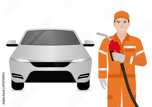 Worker in Uniform Refuel or Fill up Fuel to Car at Gas Station. Vector Illustration. 
