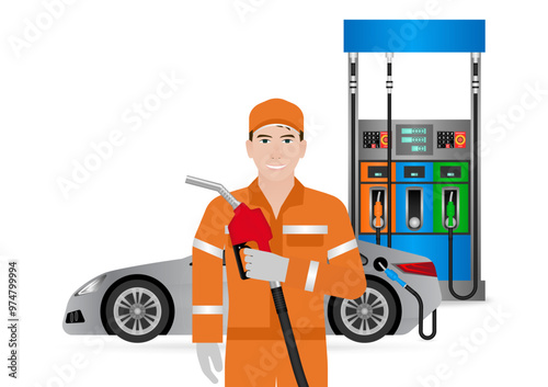 Worker in Uniform Refuel or Fill up Fuel to Car at Gas Station. Vector Illustration. 