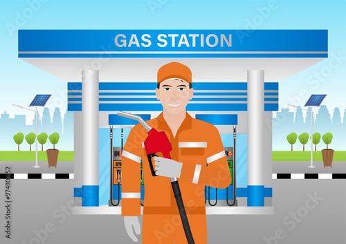 Worker in Uniform Refuel or Fill up Fuel to Car at Gas Station. Vector Illustration. 