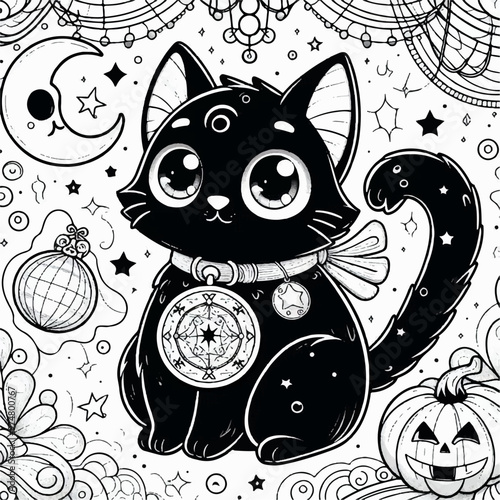 cute black cat with locket Halloween kids coloring page