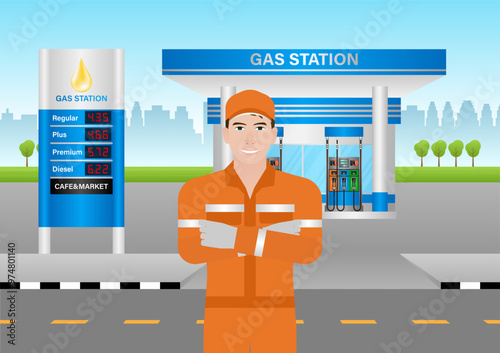 Worker in Uniform Refuel or Fill up Fuel to Car at Gas Station. Vector Illustration. 