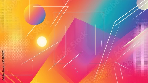 Abstract design with a colorful gradient background, geometric figures in various shapes, and white vector lines