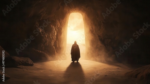 Jesus standing at the gates of heaven, radiant light shining from behind, symbolizing eternal life