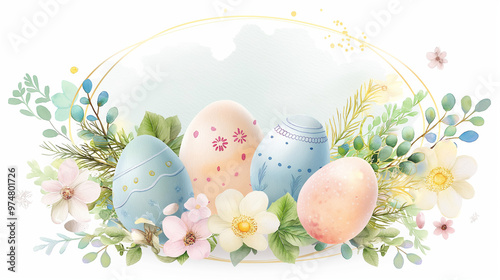 A delicate Easter-themed frame featuring soft pastel-colored eggs, blooming flowers, and gentle greenery. The frame is oval-shaped, with spring decorations adorning the corners. 