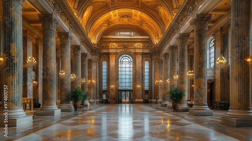 A beautifully preserved classic bank building interior, featuring marble columns and detailed architecture, with an ornate ceiling.