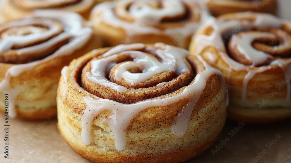 Fototapeta premium Delectable Photorealistic Cinnamon Rolls with Creamy Icing Close-Up Shot