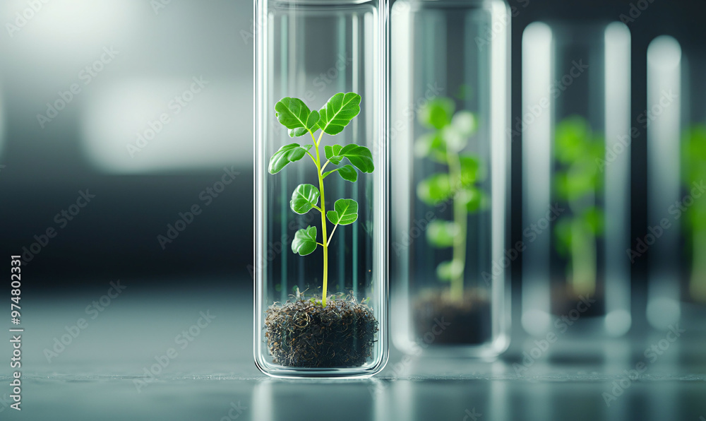 A time lapse of plant growing inside glass tube showcases beauty of natures growth. vibrant green leaves contrast with earthy soil, creating serene atmosphere A time lapse of plant growing inside glass tube showcases beauty of natures growth. vibrant green leaves contrast with earthy soil, creating serene atmosphere