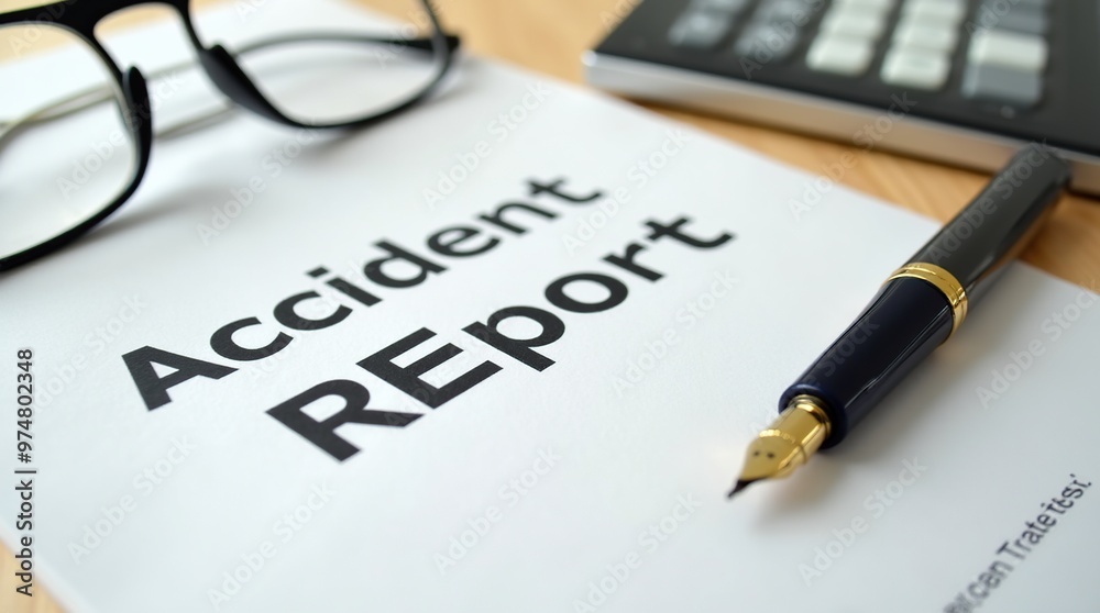 Accident report document with fountain pen and glasses on desk Accident report document with fountain pen and glasses on desk
