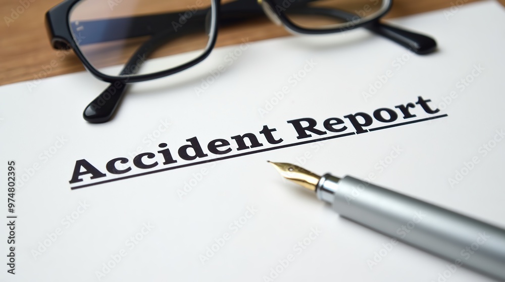 Accident report document with pen and glasses on desk Accident report document with pen and glasses on desk