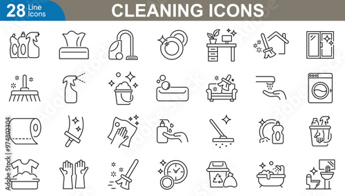 Cleaning icons set. Broom, mop, sponge, bottle, bucket, dustpan, brush, washing, machine, cleaner and more. vector illustrator.