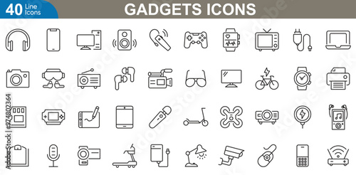 Gadgets icons set. Smartphone, tablet, laptop, watch, earbuds, gaming, drone, camera, speaker, USB, power bank and more. vector illustrator.
