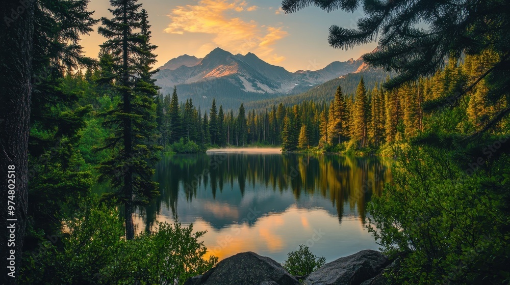 Obraz premium Serene mountain landscape with a reflective lake and lush pine trees at sunset.