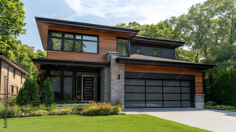 Obraz premium Modern two-story house with large windows, a black garage door, and wood accents