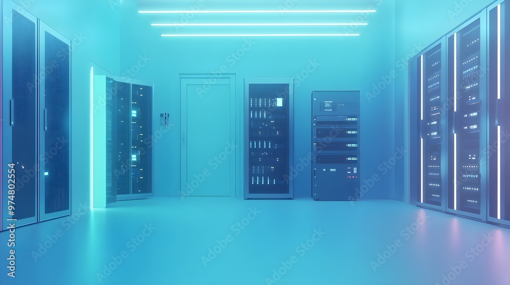 A modern server room filled with high-tech equipment, illuminated by soft LED lights, against a light solid color background