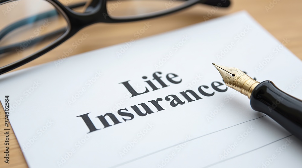 Life insurance document with fountain pen and glasses on desk Life insurance document with fountain pen and glasses on desk