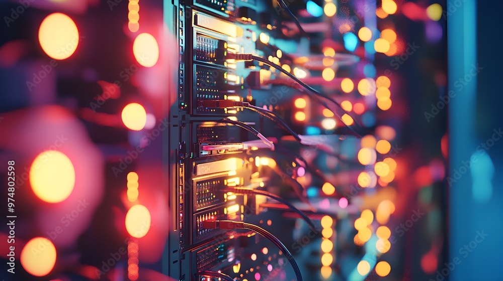 A close-up of a server rack with numerous blinking lights, showcasing intricate wiring, all set against a light solid color background A close-up of a server rack with numerous blinking lights, showcasing intricate wiring, all set against a light solid color background
