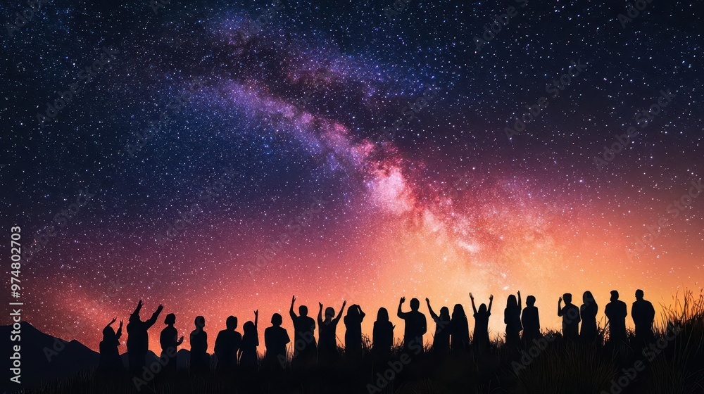 Worshippers singing hymns under a starfilled sky, raising their voices toward heaven in unity Worshippers singing hymns under a starfilled sky, raising their voices toward heaven in unity