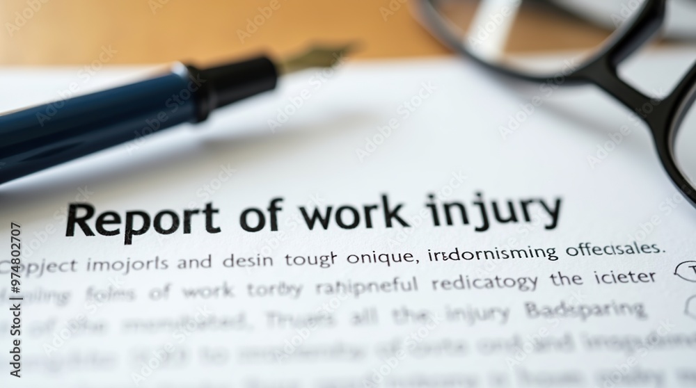 Close-up of work injury report with pen and glasses Close-up of work injury report with pen and glasses