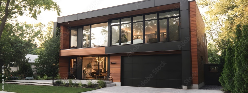 Modern two-story house with large windows, a black garage door, and wood accents