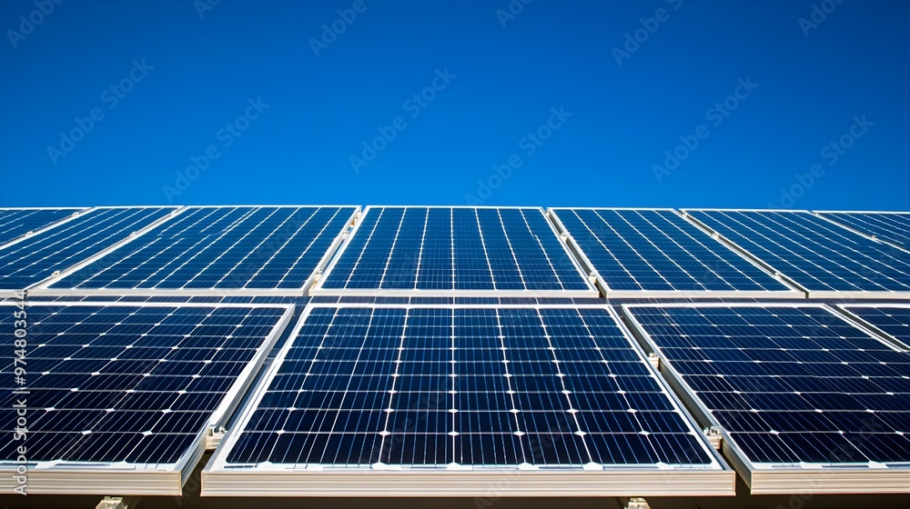 A solar panel installation on a rooftop under a clear blue sky, showcasing the efficiency of solar energy. A solar panel installation on a rooftop under a clear blue sky, showcasing the efficiency of solar energy.