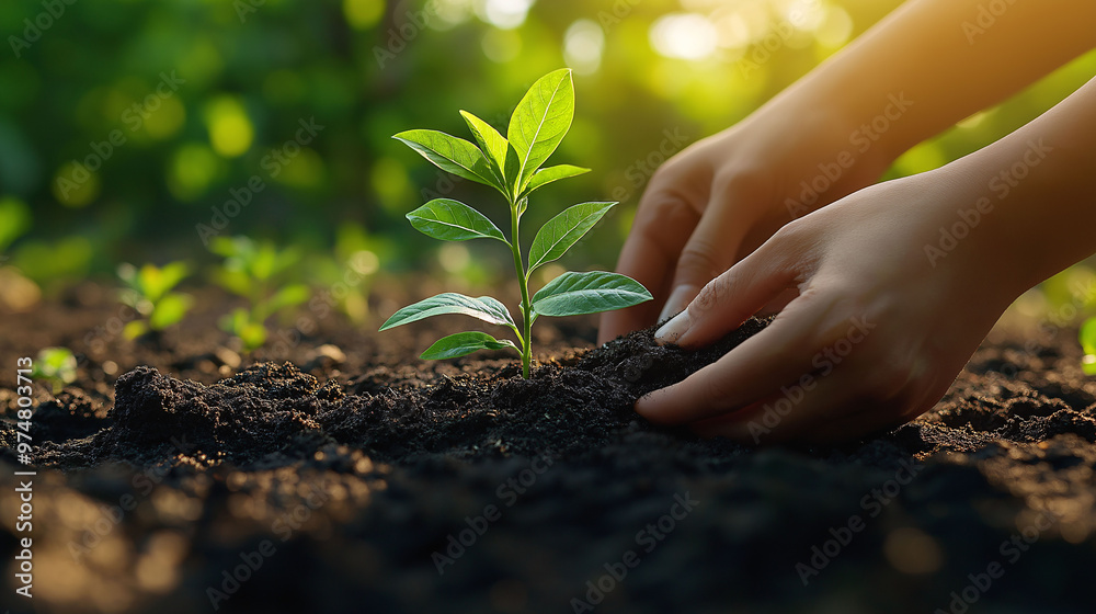 Fototapeta premium Hand Planting Seedling in Soil Nature Conservation and Growth Concept