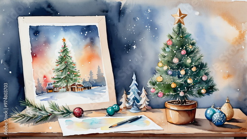 Artistic Christmas scene with a decorated tree and painting supplies, creative and cheerful atmosphere, watercolor style