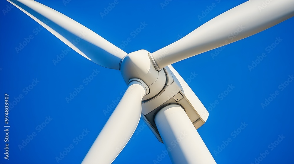 A close-up of a wind turbine with blades rotating against a bright blue sky, symbolizing clean energy A close-up of a wind turbine with blades rotating against a bright blue sky, symbolizing clean energy