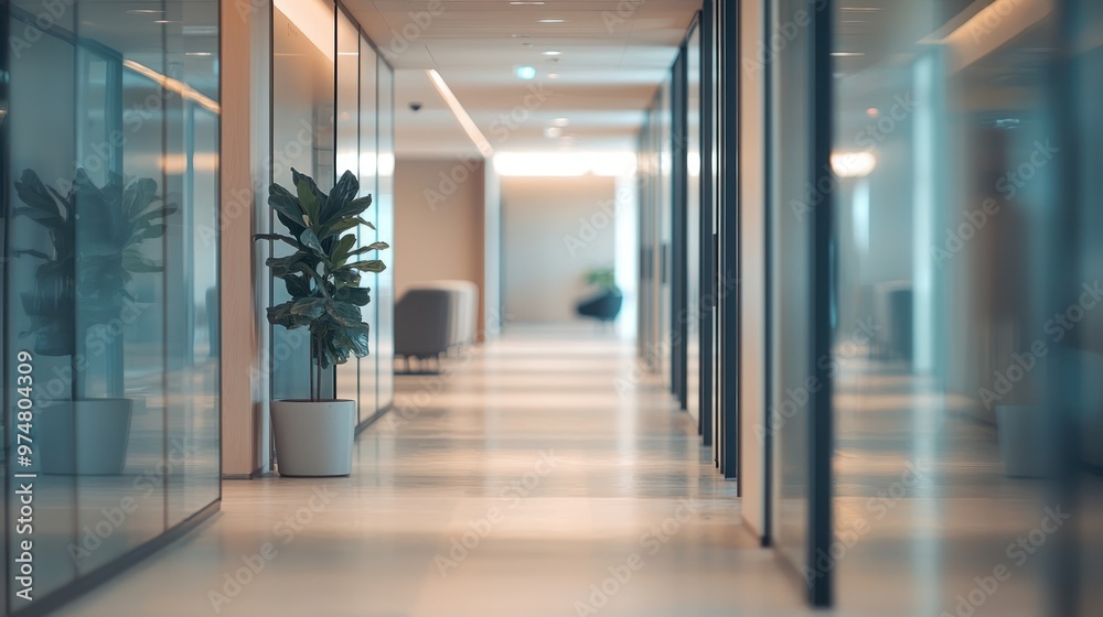 Blurry background of a spacious, modern office corridor with clean lines and modern decor