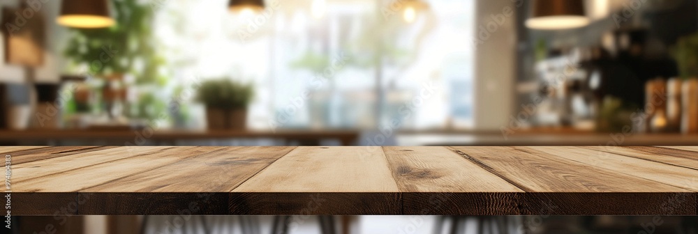 Empty wooden table in foreground with blurred cafe or restaurant interior in background, warm lighting creates inviting atmosphere for dining or coffee. Empty wooden table in foreground with blurred cafe or restaurant interior in background, warm lighting creates inviting atmosphere for dining or coffee.