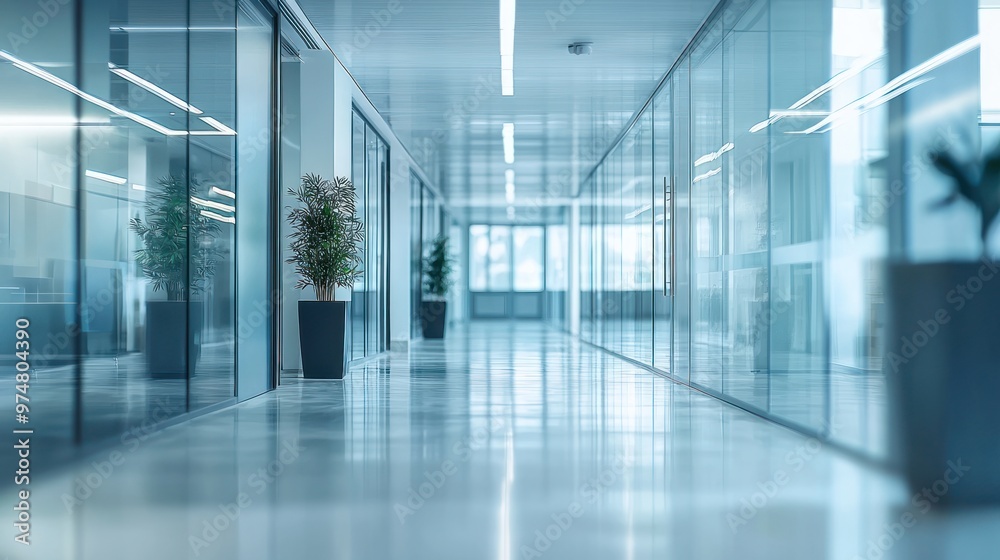 Defocused view of a large, modern office hallway with sleek, contemporary design elements Defocused view of a large, modern office hallway with sleek, contemporary design elements