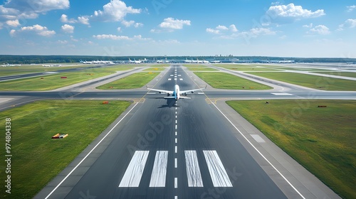 Aerial view of a busy airport runway with planes taking off and landing against a clear blue sky