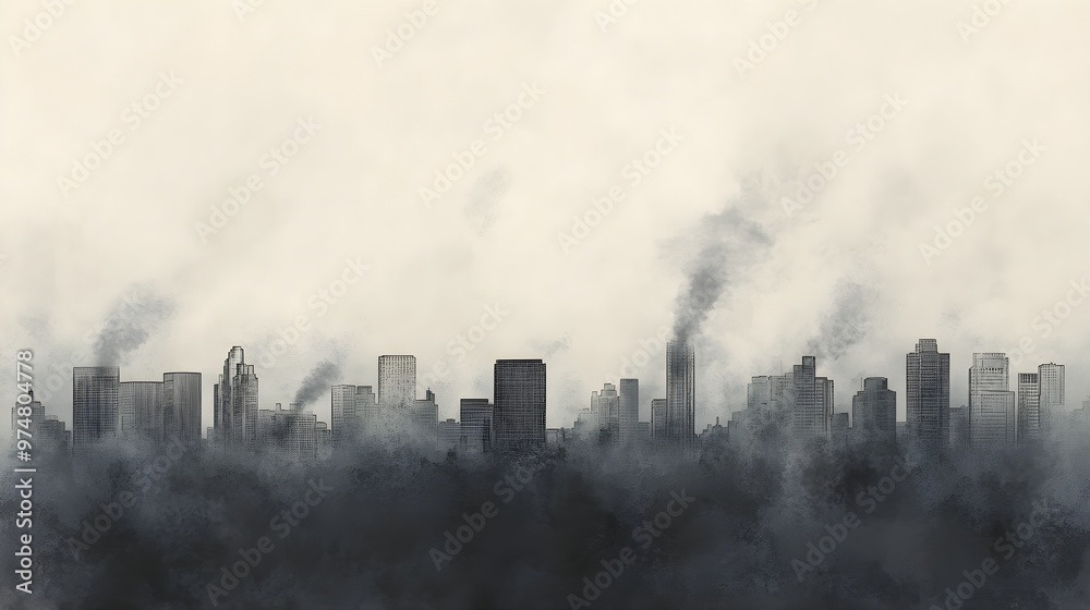 A polluted urban skyline with dark clouds overhead and smog visibly hanging in the air, contrasting against a light solid color background A polluted urban skyline with dark clouds overhead and smog visibly hanging in the air, contrasting against a light solid color background