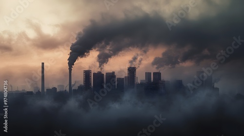 A polluted urban skyline with dark clouds overhead and smog visibly hanging in the air, contrasting against a light solid color background