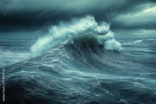 tempestuous seascape with monumental waves crashing beneath stormy skies dynamic composition captures the raw power of nature evoking awe and trepidation in equal measure