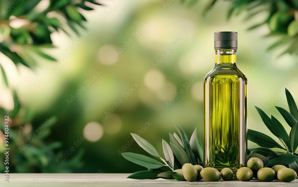 Fresh olive oil in a glass bottle surrounded by green leaves and olives, perfect for culinary and healthy lifestyle concepts. Fresh olive oil in a glass bottle surrounded by green leaves and olives, perfect for culinary and healthy lifestyle concepts.