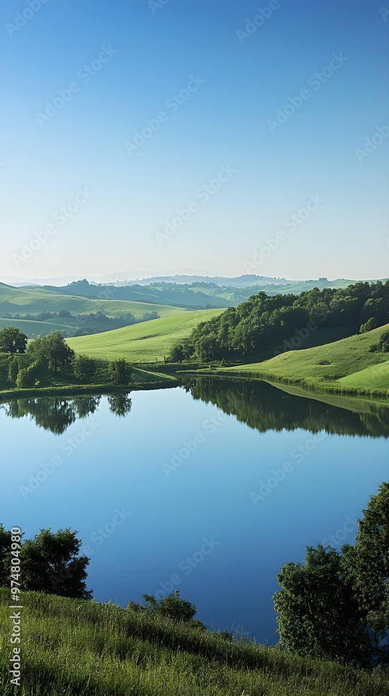 An expansive view of a tranquil lake surrounded by green hills, with a clear blue sky reflecting on the water An expansive view of a tranquil lake surrounded by green hills, with a clear blue sky reflecting on the water
