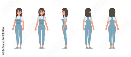 Woman front, side and back view wear blue denim jumpsuit character vector illustration design set. Presentation in various action.